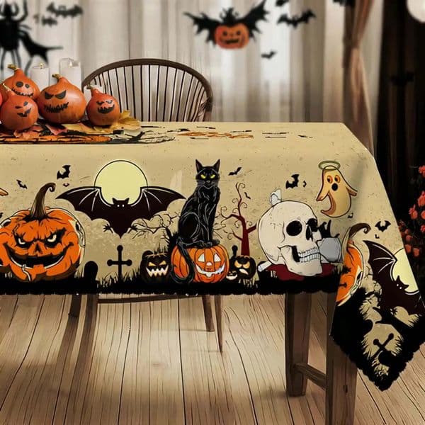 Halloween Pumpkins Bats Skulls Tablecloths Halloween Spooky Black Cat Polyester Kitchen Dining Table Cloth Halloween Decoration 250910BJ