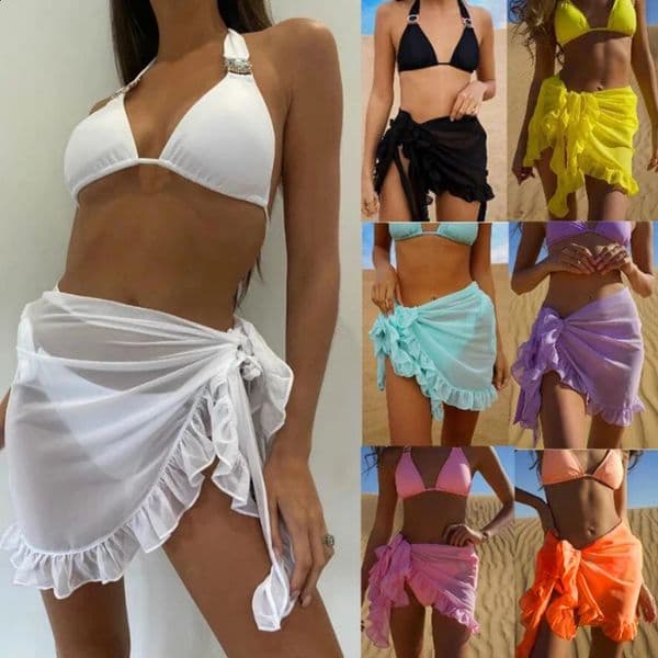 Mesh Mini Ruffle Skirt Sarong Wrap Cover Up Summer Bikini Solid Bathing Women Swimwear Pareo Scarf Beachwear 250916BANJIA