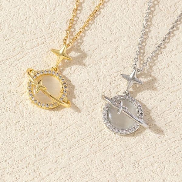Gold - Toned Planet & Star Pendant Necklace With Rhinestone & Shell - Like Details Delicate Daily & Dreamy Jewelry Gift For Her Elegant And Fashion - Forward Accessory
