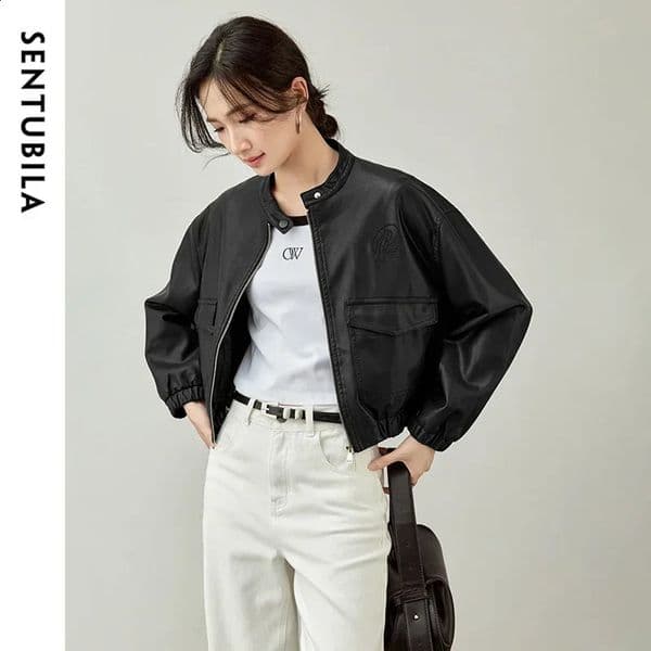 SENTUBILA Black Pu Leather Jacket For Women 2025 Spring Fashion Stand Neck Drop Sleeve Zipper Cropped Jacket Outerwear W43G56164 250916