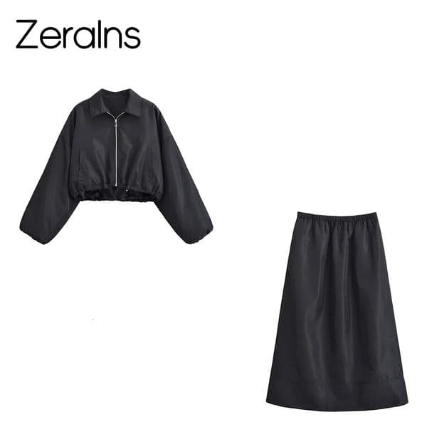 ZERAINS autumn womens clothing retro loose casual simple jacket mid long half skirt set 250917BJ