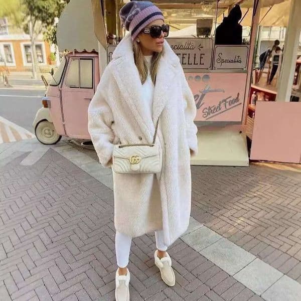 2025 Autumn Winter Loose Faux Fur Women's Mid-Length Trench Coat with Lamb Wool