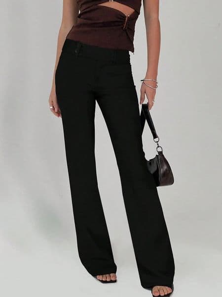 Women Low Drop Waist Casual Work Business Button n Elastic Color Block Striped Long Pants Suitable for Office 250917BJ