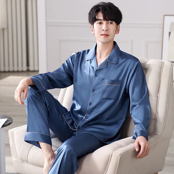 High Quality Ice Silk Pajamas Suit Mens Spring Summer Thin Longsleeved Satin Soft Breathable Pyjamas Male Large Size Nightwear 250917BJ
