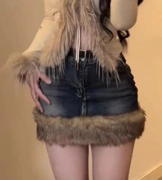 American Retro Fur Patchwork Denim Skirt for Women Sweet Slim Waist Bodycon Skirts Spring Autumn Blue Faldas Mujer 250917BJ