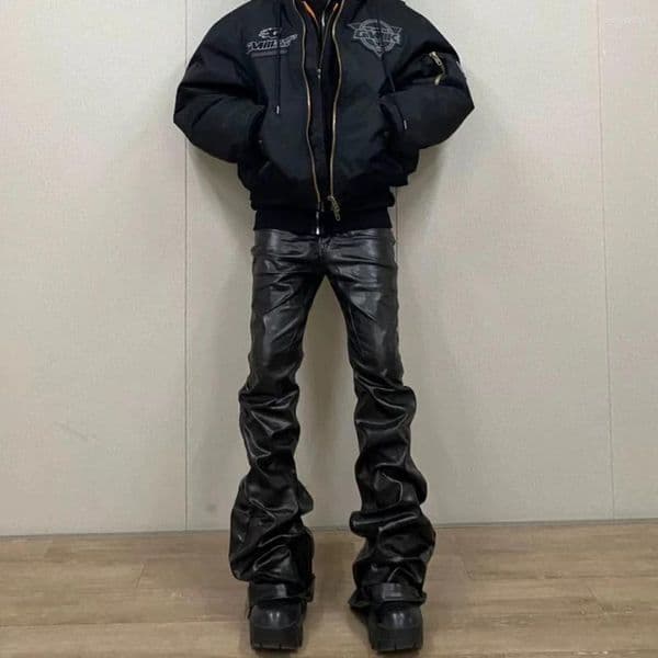 Men's Jeans 2026 Coated Shiny Hip Hop Punk Stacked Man Patent Leather Vintage Wide Leg Straight Flared