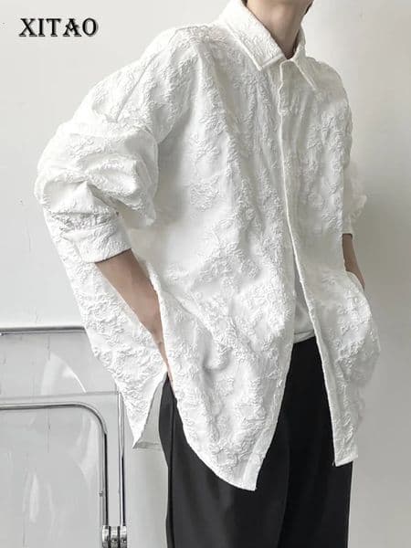 XITAO Crumpled Jacquard Shirt Loose Fashion Solid Color Casual Turndown Collar Top Allmatch Bat Wing Sleeve WMD5191 250917BJ