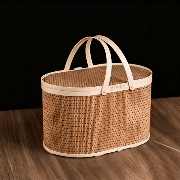 Handcrafted Natural Bamboo Weave Picnic Basket Includes Comfortable Carry Handles + Personalization Option