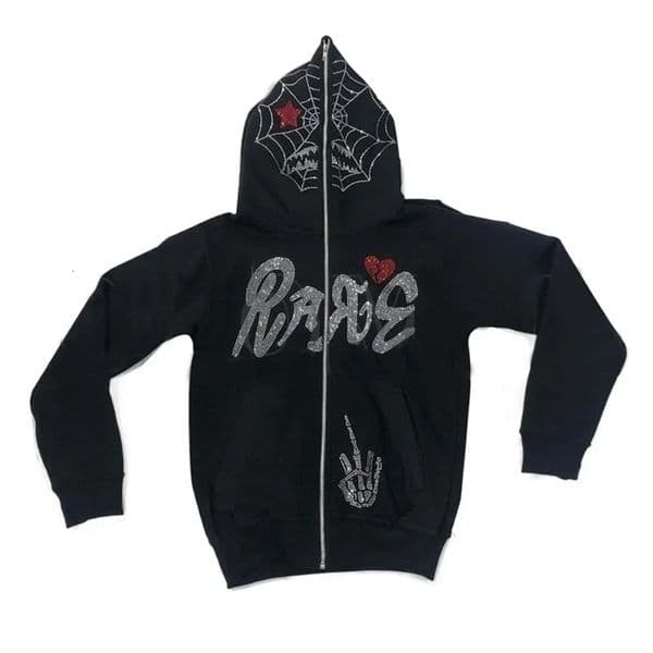 Autumn Fashion Punk Y2k Gothic Grunge Rhinestones Spider Web Zip Up Hoodies Long Sleeve Coat Sweatshirt Jacket Streetwear Winter 250916