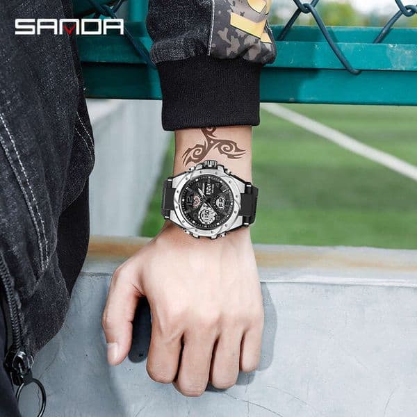 DHgargets Sanda Trendy Personality Youth Electronic Outdoor Sports Luminous Waterproof Watch Multifunctional Unisex Student Wristwatch