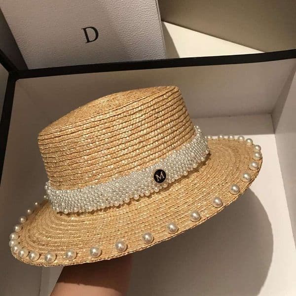 Japanese Internet Celebrity Pearl Straw for Women Summer Beach Sunshade Protection Sun Travel Vacation Flat Top Hat