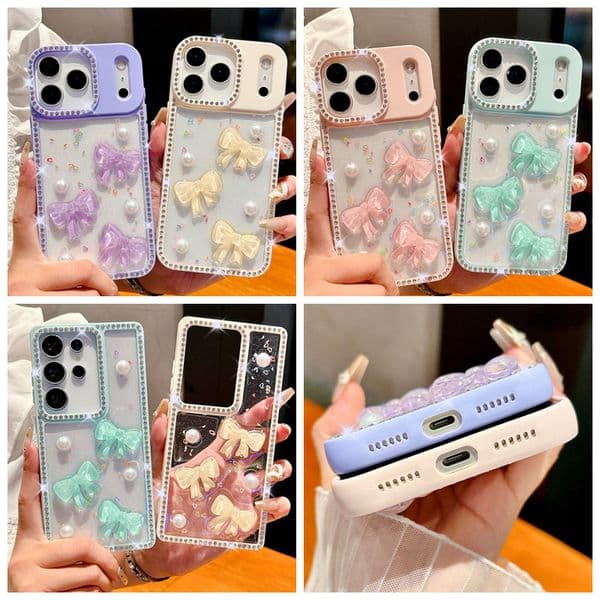 Bow Bling Diamond Cases For Iphone 17 Air 16 15 14 13 Pro Max Samsung S25 Ultra S24 FE A56 A06 A16 A26 A36 A15 Bowknot Glitter Heart Love Beads Hard PC Soft TPU
