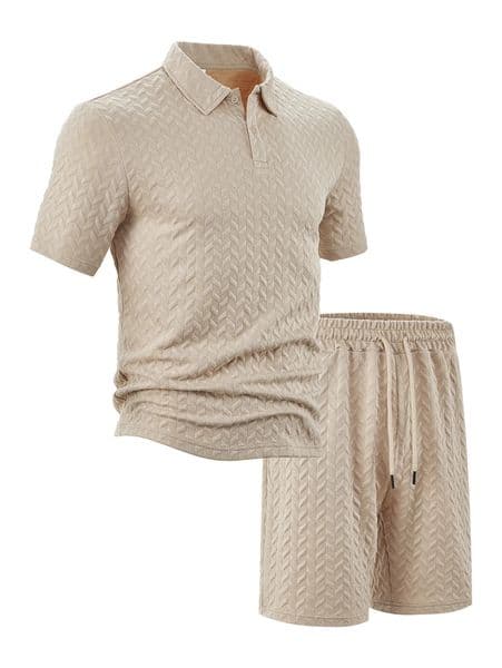 Mens summer shortsleeved and shorts set with jacquard fabric in multiple colors lapel loose POLO shirt twopiece set 250916