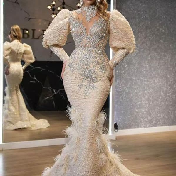 evening dresses Satin Big Swing Drag Tail Banquet Evening Woman Prom Dresses Sexy Long Dress Plus Size Sequin Feather Decor elegant dresses for special occasions