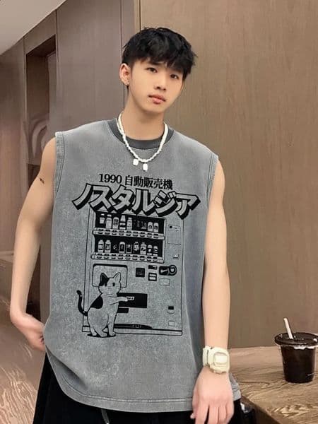 Vintage Summer Holiday Sleeveless Vest Chic Vending Machine Cat Graphics Acid Washed Tank Harajuku Y2k Man Clothing 250918BJ