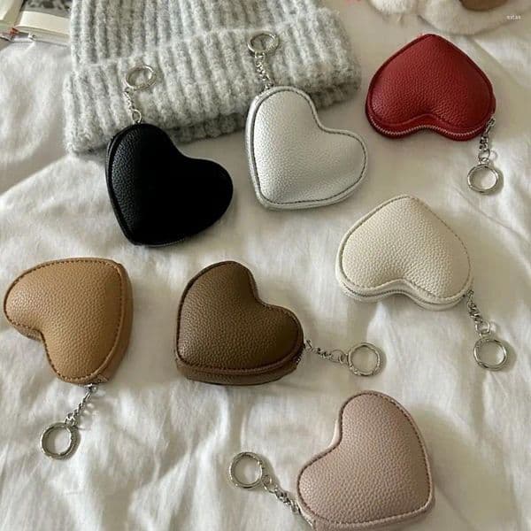 Coin Purses Portable Pendant PU Leather Purse Zipper Love Cute Card Holder With Keychain Clutch Bag Earphone Women