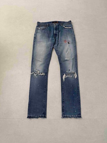 Men's Jeans Undercover 05ss But Beautiful White Cloth Green Thread Patchwork Distressed Destroyed Vintage Jeans