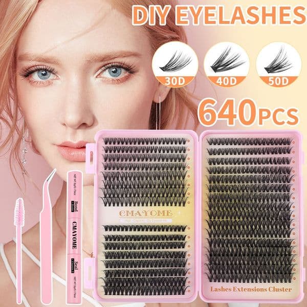 DIY Eyelashes Thick Curled 640Pcs Cluster Lashes Kit with Lash Bond & Seal Handmade Reusable DIY Segmented Eyelash Extensions Makeup Accessory for Eyes