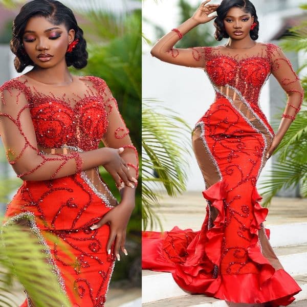 Mermaid Red Prom Dresses 2025 Sheer Neck Beaded Crystals Illusion Satin Evening Formal Party Second Birthday Engagement Gowns Plus Size Dress For Special Occasions