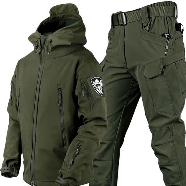 Waterproof Windproof Hooded Jacket and Pants Soft Shell Plush Thickened Outdoor Fishing Cutting WearResistantWinter 5XL 250918BJ