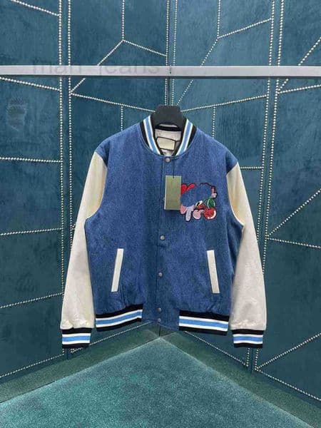Men's Jackets Designer high versionG Home New Patchwork Blue and White Chest Quirky Cherry Patch Baseball Jacket Unisex Size: S-XL DYFW