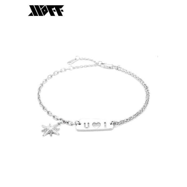 XXOFF Sier Sparkling Dia Eight-Pointed Star Niche High-End Light Hollow I LOVE U Square Tag Bracelet