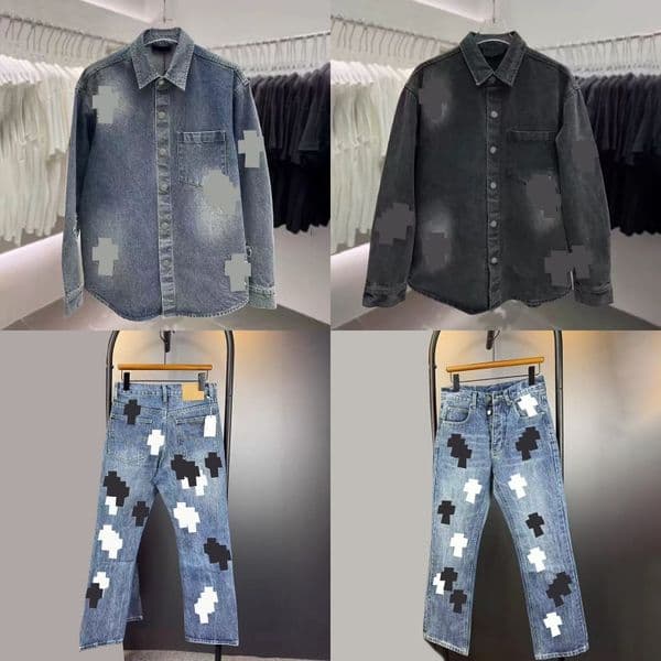 Men Vintage Denim Shirts Set Autumn Washed Punk Cardigan Coat Suit Men Women Oversize Cowboy Pants Outfit