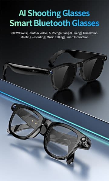 CY01 AI smart glasses, equipped with 8-megapixel camera for taking photos and recording videos, and integrating an audio recorder and AI translation.