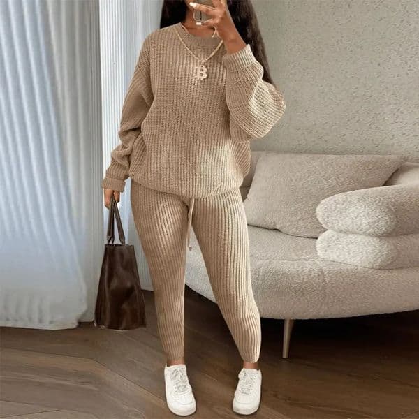 Spring Two Piece Sets Women Pant Set Knitted Round Neck Y2k Streetwear Sweaters Top Lace Up Elastic Waist Long Pants Knit 250917