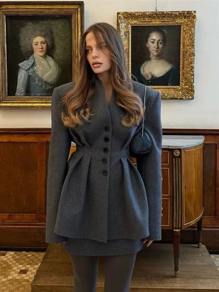Waist Cinching Floral Bud Hem Suit Woman VNeck Single Breasted Pleated Solid Color Jacket Elegant Fashion Womens Coat 250918BANJIA