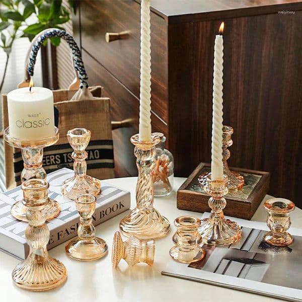 Candle Holders European Style Glass Amber/Pink Candlestick Home Decoration Ornament Tray Atmosphere Props