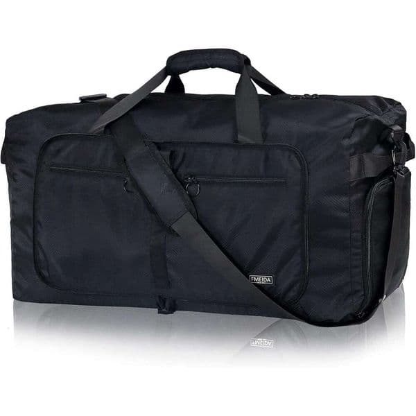Fmeida 65L Duffle with Shoes Compartment, Foldable Duffel Bags for Men Women, Large Packable Travel Bag Water & Tear Resistant (Black) 123