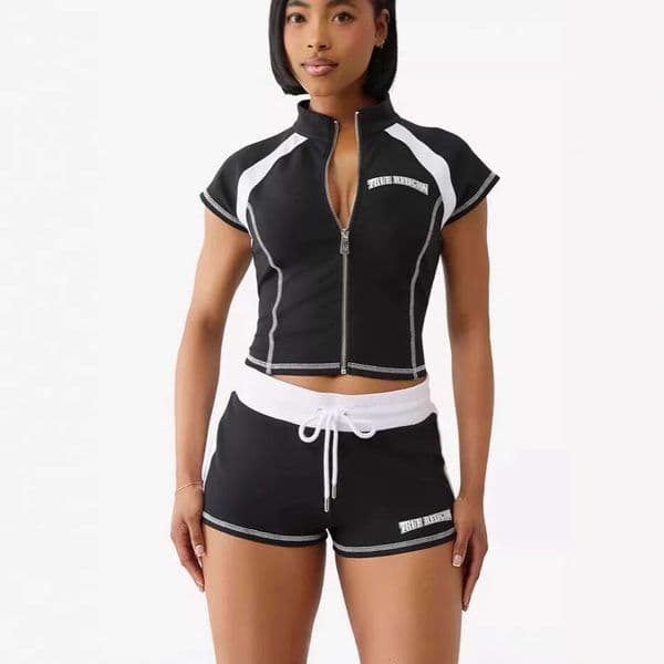 Summer European and American Street Style Hot Girl Zipper Cardigan Slim Fit Casual Sports Short Sleeve T-Shirt Top Set
