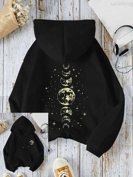 New with Different Moon Prints Front and Back Printed kangaroo pocket Hoodies Casual and Fashionable Womens ClothingZ250918