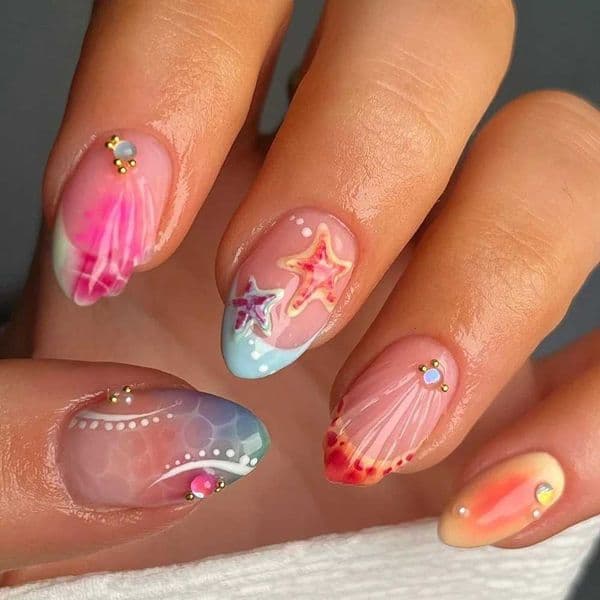 24Pcs Almond Shape Head Press on Fake Nails Short Round Head Full Cover Nail Tip Art Starfish Design French Colorful False Nails W250919