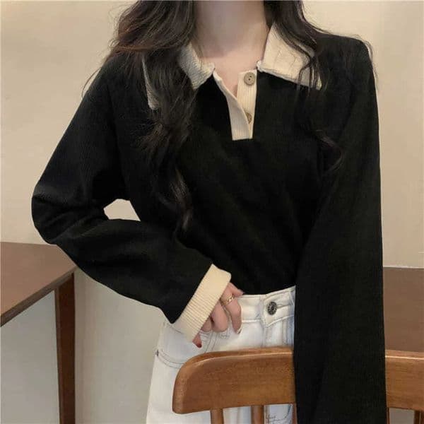 Casual Women Tshirts Korean Fashion Sweet Preppy Style Tops Female Autumn Long Sleeve Turn Down Collar Basic Pullovers Tees 250919BJ