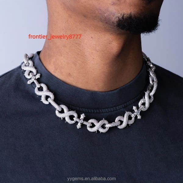Yu Ying Full Iced Out Moissanite Diamond Sterling Silver Infinity Cross Charms Spikes Cuban Link Necklace Chains for Men