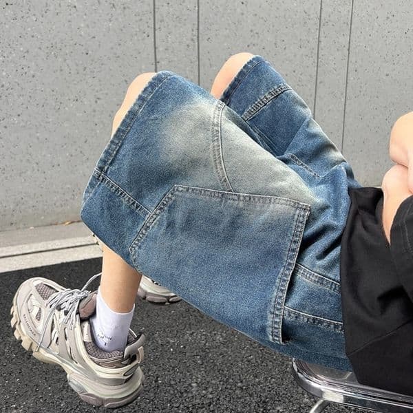 Summer Baggy Denim Shorts Fashion Casual Straight Harajuku Jeans Male Vintage Wash Drawstring Short Pants Streetwear 250918BJ