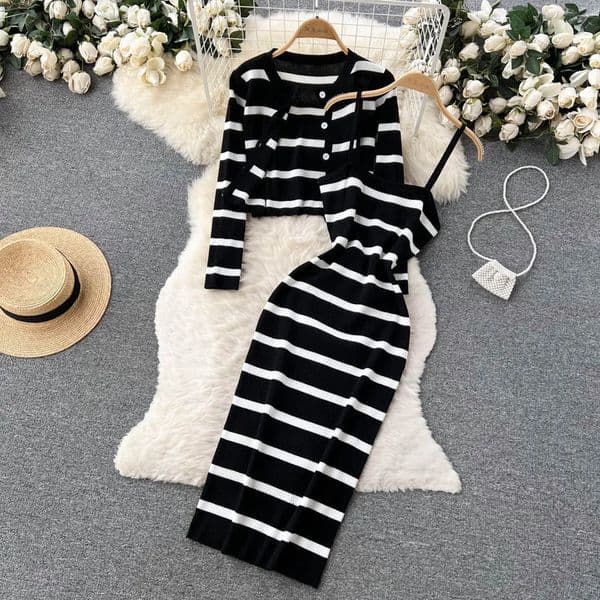 Korean Sweet Hit Color Patchwork Striped Spaghetti Strap Dress and V Neck Long Sleeve Cardigans 2 Pieces Sets 250919BJ