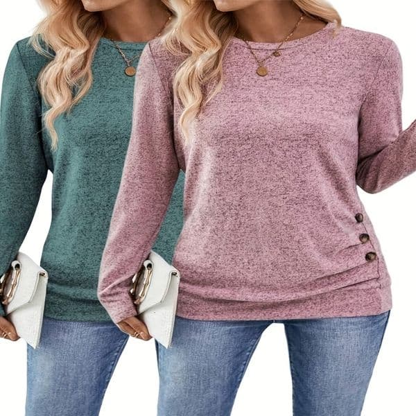 Button Decor Ruched TShirt Casual Long Sleeve Top For Spring Fall Womens Clothing 250919