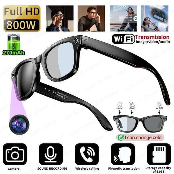 LIGE AI Smart Glasses 8Mp Camera Video Recording Translator Sunglasses Men Women Bluetooth Call Music Play Color-Changing Lenses