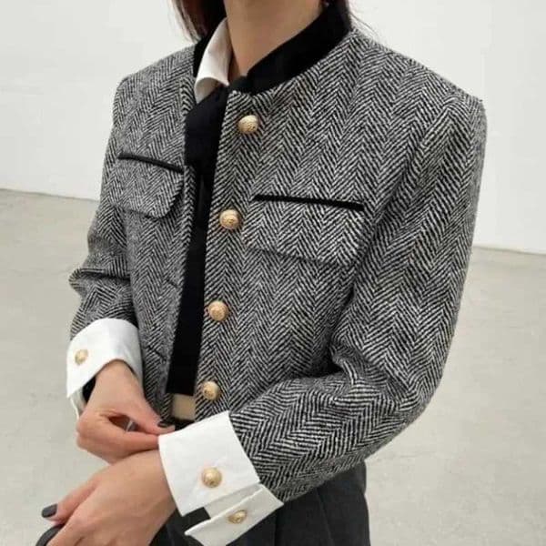 Biyaby Metal Button Stand Collar Jackets for Women Korean Style Pockets Plaid Coat Woman 2024 Spring Long Sleeve Cropped Jacket Z250918
