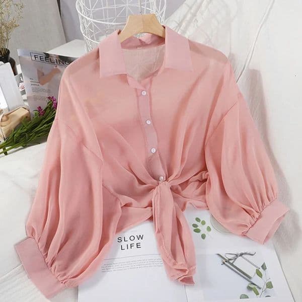 Casual Loose Hollow White Clothes Elegant Solid Color Tied Waist Blouse Women Summer Bat Half Sleeve Button Chiffon Shirt 250918BJ