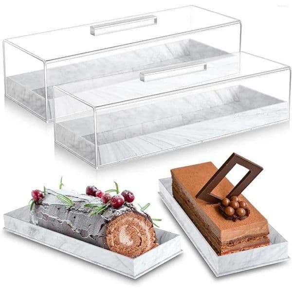 Plates Acrylic Clear Cake Stand Rectangular Dessert Serving Tray With Lid Display Box Storage Kitchen Cont