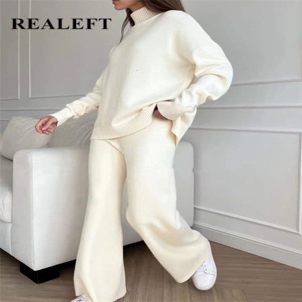 Autumn Winter 2 Pieces Women Sets Knitted Tracksuit Turtleneck Sweater and Straight Jogging Pants Suits 250918BJ