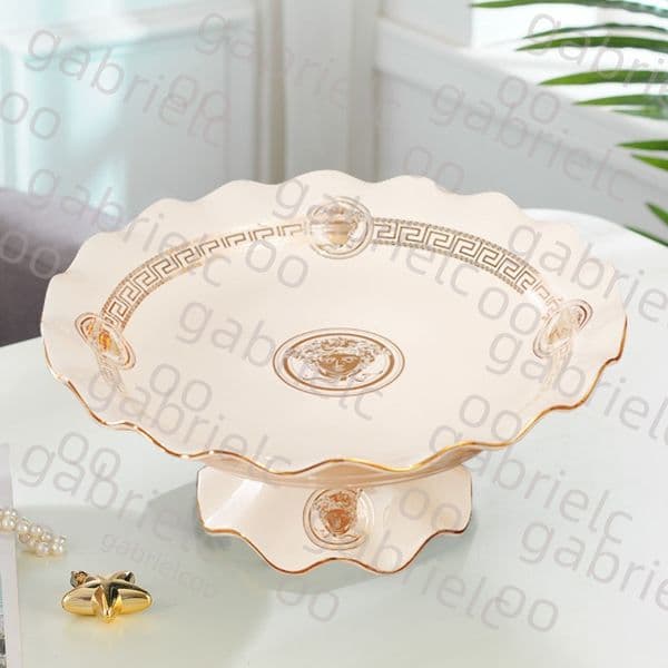 European Style Ceramic Pedestal Fruit Bowl with Gold Trim, Medusa Pattern Edge, Living Room Coffee Table Candy Dish Dessert Server