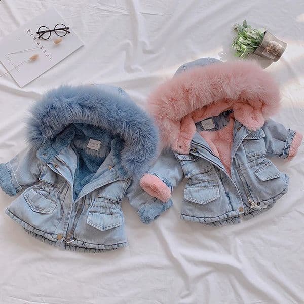 Baby Girls Coats Clothes Winter Denim Jackets With Fur Hooded Coats For Girls Cotton Thicken Children Clothing Girl Jackets 250920BJ
