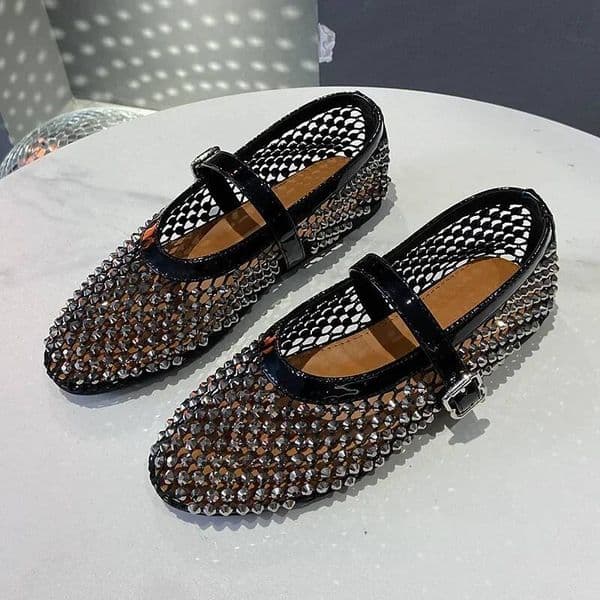 Crystal Rhinestone Fishnet Ballet Flats Woman Brand Design Rivet Mesh Mary Jane Shoes Ladies Summer Loafers Plus Size 44 ddmypanda
