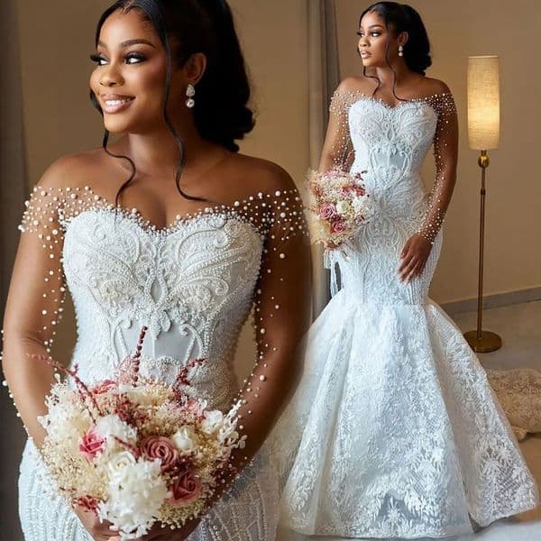 Lace Mermaid Wedding Gown - Sheer Neck Appliqued Bridal Dress with Long Sleeves
