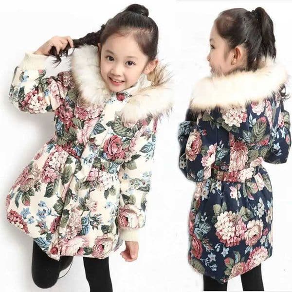 Winter Cotton Jacket For Girls Coat Floral Pattern Fur Hooded Children Outerwear Clothing 312 Year Teenage Kids Parka Snowsuit X250920